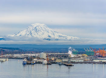 Mount rainier covered with snow behind the port of tacoma.