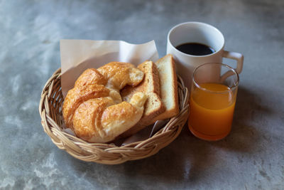 High angle view of breakfast served on table