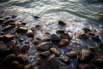 Close-up of pebbles in sea