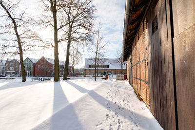 Snow covered buildings and trees against sky