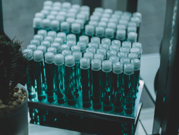 High angle view of test tubes in row