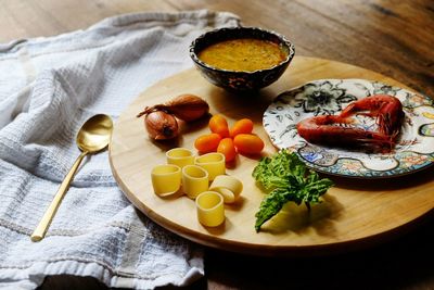 High angle view of breakfast served on table