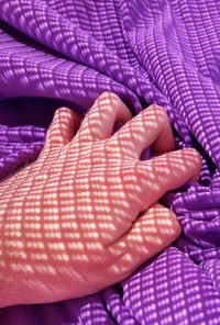 Close-up of woman hand with pink petals on bed