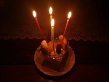 Close-up of lit candles on table