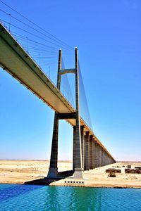 Low angle view of suspension bridge against blue sky