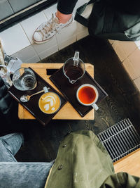 High angle view of coffee cup on table