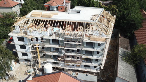 High angle view of residential buildings in town