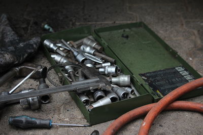 High angle view of hand tools on land