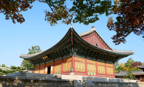 Low angle view of temple building against sky