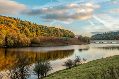 Scenic view of lake by trees against sky