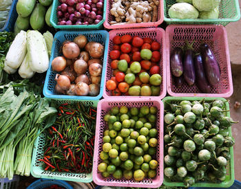 High angle view of vegetables for sale at market stall