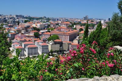 High angle view of buildings in city against clear sky