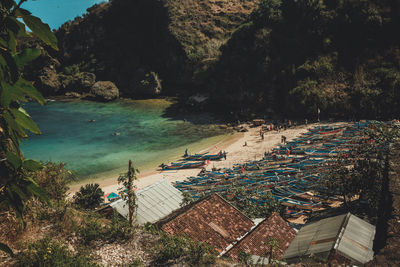 High angle view of boats on beach