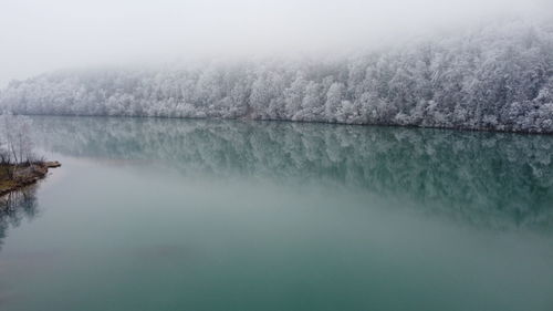 Scenic view of lake during foggy weather