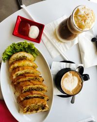 High angle view of breakfast on table