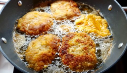 High angle view of breakfast in cooking pan