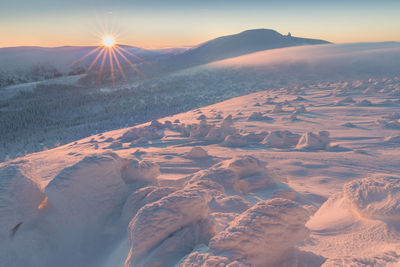 Aerial view of snowcapped mountains against sky during sunset