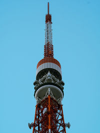 Low angle view of tokyo tower against clear blue sky