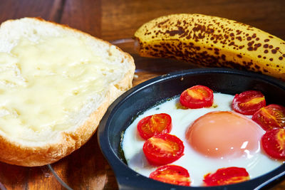 High angle view of breakfast served on table