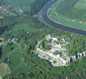 Aerial view of konigstein fortress by elbe river