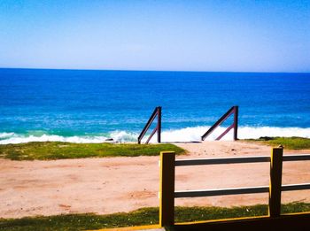 Scenic view of sea against blue sky