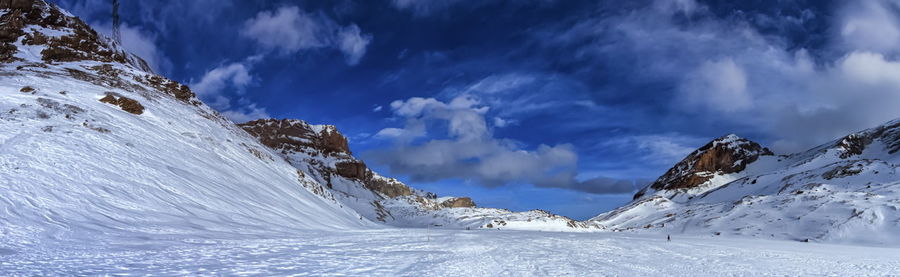 Panoramic view of snowcapped mountains against sky