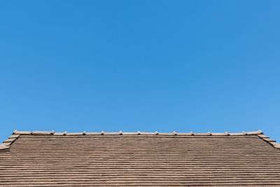 Low angle view of building roof against clear sky