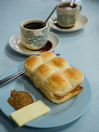 Close-up of breakfast served on table