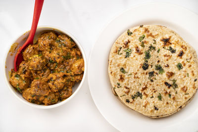 High angle view of meal served on table