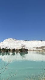 Scenic view of lake against clear blue sky