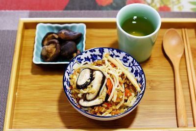 High angle view of breakfast served on table