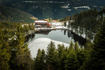 High angle view of lake amidst trees in forest