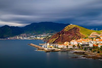 Scenic view of sea and mountains against sky