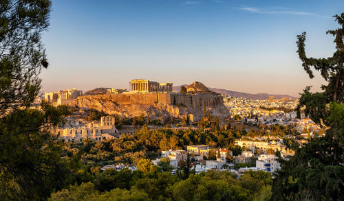 View of townscape against clear sky