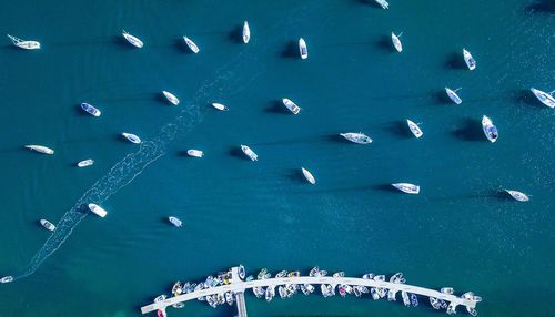 High angle view of boats in blue water