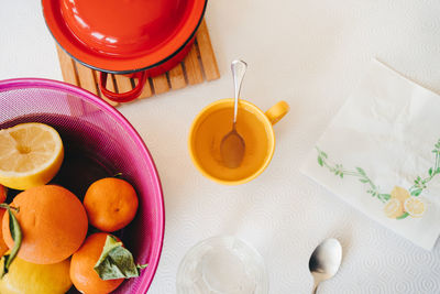 High angle view of breakfast on table