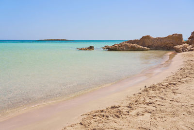 Scenic view of beach against clear sky