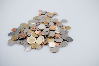 High angle view of coins