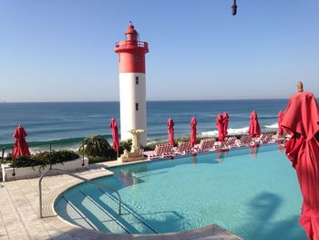 Scenic view of sea against clear blue sky