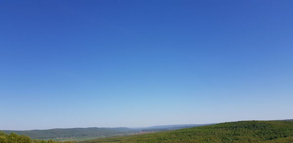 Scenic view of field against clear blue sky