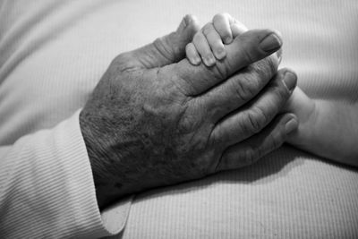 Close-up of grandfather holding baby hand