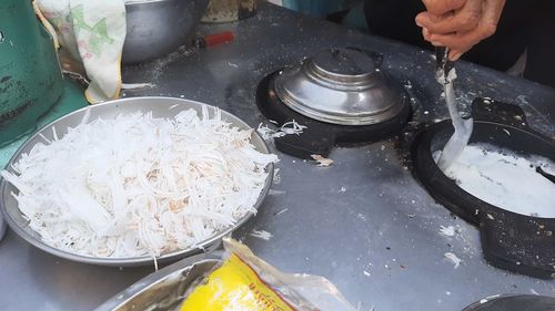 High angle view of person preparing food