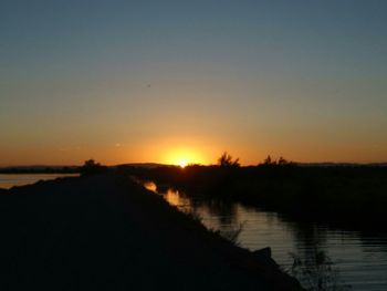 Scenic view of lake against clear sky during sunset