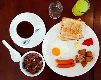 High angle view of breakfast served on table