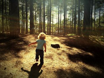 Rear view of baby girl running in forest