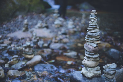 Close-up of stone stack on rock