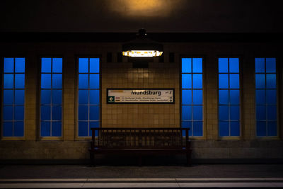 Illuminated text on railroad station