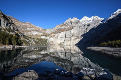Scenic view of snowcapped mountains against clear sky