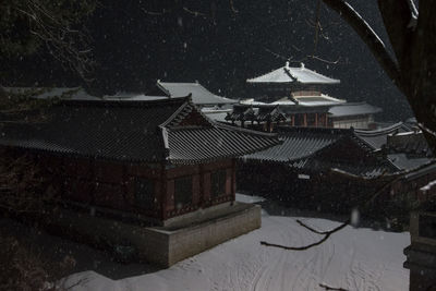 High angle view of houses and trees during winter