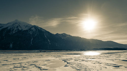 Scenic view of mountains against sky during sunset